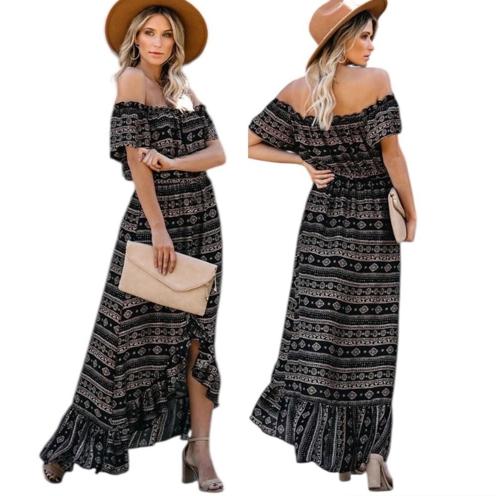 VICI Floral Tribal Print Off Shoulder High Low Maxi Dress Black Size Small